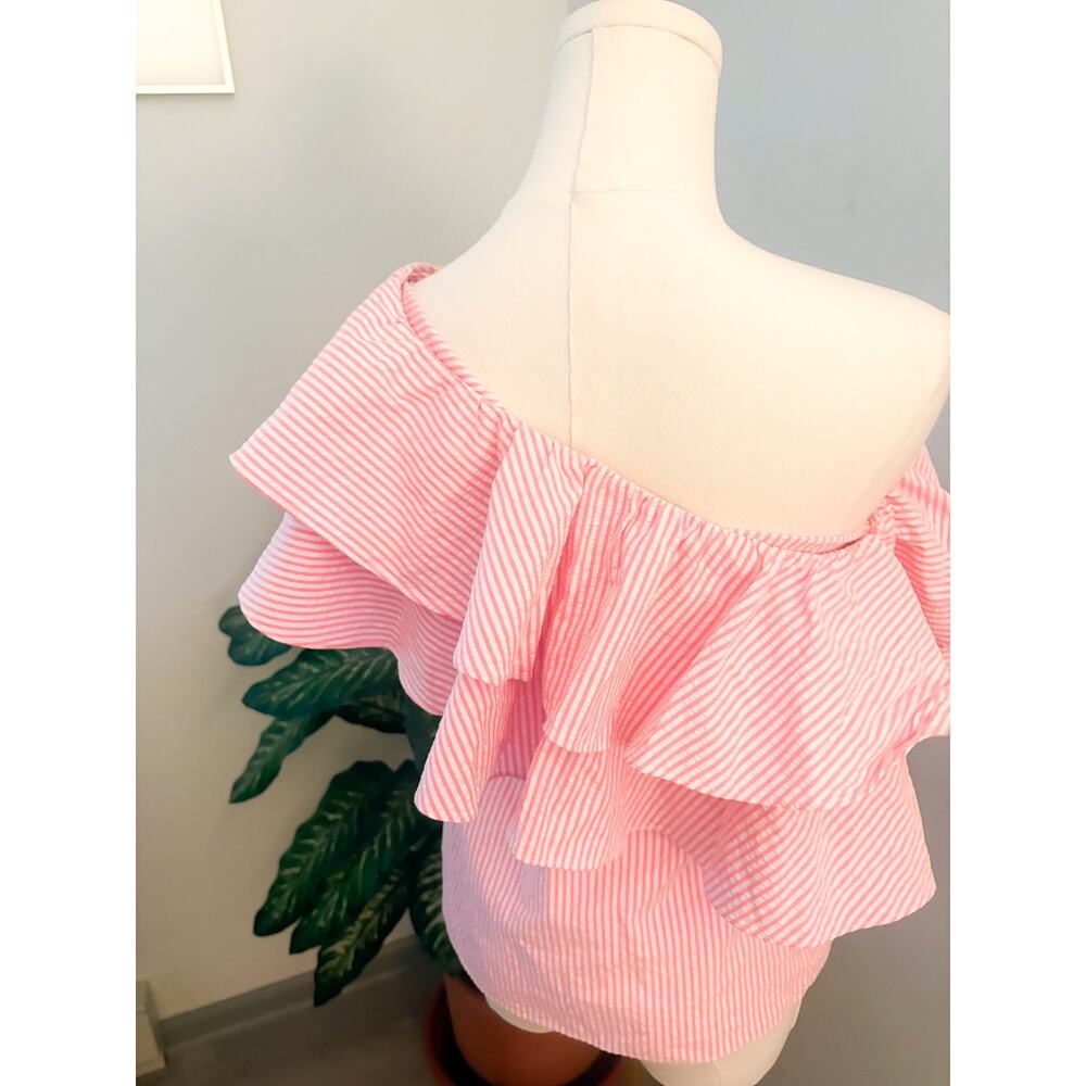 Lilly Pulitzer Trixie Pink Stripe Off Shoulder Ruffle Top XXS Vacation Resort - Picture 6 of 7